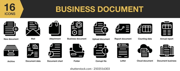 Business Document Glyph icon set. Includes annual report, archive, attachment, business, and More. Solid icons vector collection.