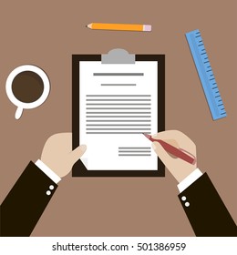 Business document with human hands & icons in a flat design