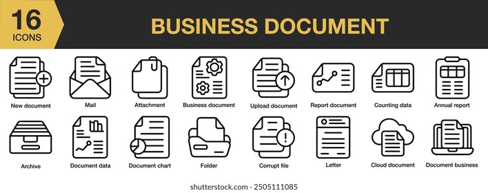 Business Document icon set. Includes Cloud document, corrupt file, folder, letter, mail, new document, and More. Outline icons vector collection.