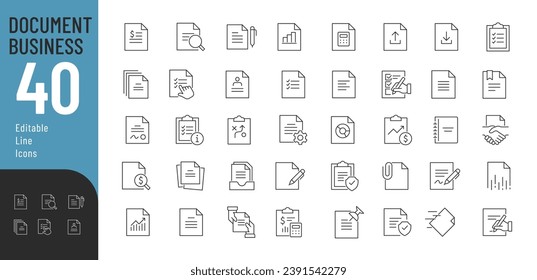 Business Document Line Editable Icons set. Vector illustration in thin line modern style of paper documentation icons: text documents, lists, folders, contracts, and more. Isolated on white