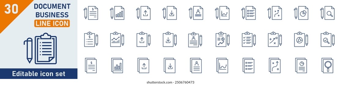 Business Document line icon set. Set of 30 outline icons related to text documents, lists, contracts, and more. Linear icon collection. Business Document outline icons collection. Editable stroke.