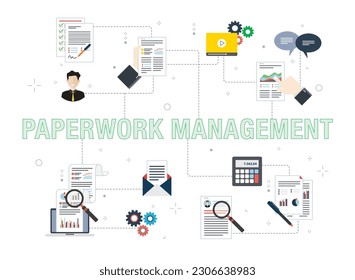 Iconos de negocios, documentos, administración y análisis. Conceptos de documentos comerciales, gestión de documentos, documentos corporativos, análisis de documentos. Iconos planos de diseño en ilustración vectorial.