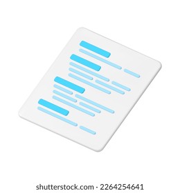 Business document paper planner sheet page with text title article letter 3d icon realistic vector illustration. Contract agreement important information education notice list paperwork form design