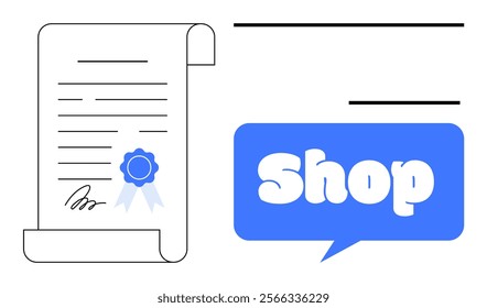 Business document with a seal and signature next to a speech bubble with text Shop. Ideal for business, e-commerce, documentation, certification, and retail themes. Simplistic flat style with blue