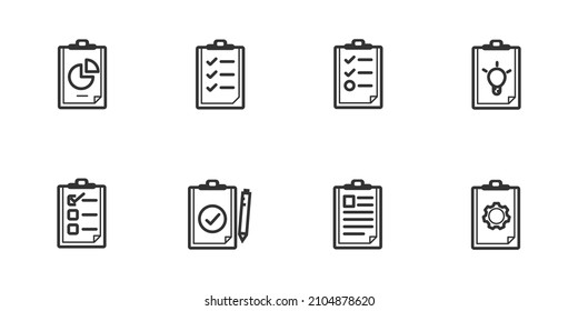 Icono de lista de comprobación de hoja de documento comercial. formulario de aplicación de informe gráfico sencillo de trazo fino. vector de contorno.