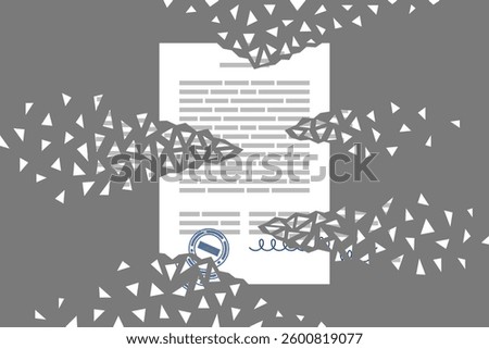 Business document signed and stamped is breaking up into tiny fragments. Concept of contract cancellation, agreement termination, deal revoking. Business documentation and information