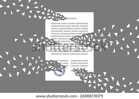 Business document signed and stamped is breaking up into tiny fragments. Concept of contract cancellation, agreement termination, deal revoking. Business documentation and information