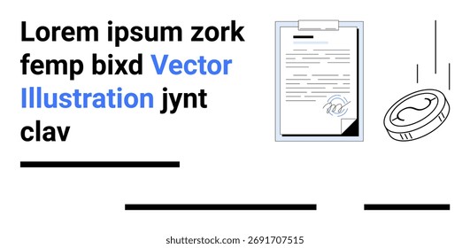 Business document with text lines, floating coin, and Vector Illustration text in blue. Ideal for finance, business reports, presentations, educational materials, web design, advertising