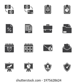 Business, document vector icons set, modern solid symbol collection, filled style pictogram pack. Signs, logo illustration. Set includes icons as money and credit card, calendar, deadline time, folder