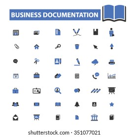 business documentation, office, website, library, knowledge, open book, presentation, internet, chart, resource, folder, management, contract, workplace, supplies icons, signs vector concept
