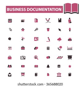 business documentation, office, website, library, knowledge, open book, presentation, internet, chart, resource, folder, management, contract, workplace, supplies icons, signs vector concept