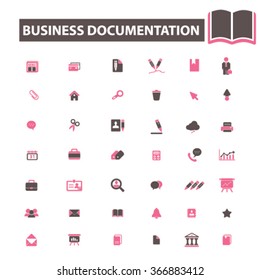 business documentation, office, website, library, knowledge, open book, presentation, internet, chart, resource, folder, management, contract, workplace, supplies icons, signs vector concept
