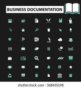 documentação comercial, escritório, site, biblioteca, conhecimento, livro aberto, apresentação, internet, gráfico, recurso, pasta, gerenciamento, contrato, local de trabalho, ícones de suprimentos, sinais vetor conceito
