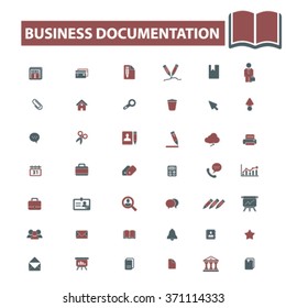 business documentation, office, website, library, knowledge, open book, presentation, internet, chart, resource, folder, management, contract, workplace, supplies icons, signs vector concept