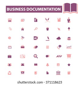 business documentation, office, website, library, knowledge, open book, presentation, internet, chart, resource, folder, management, contract, workplace, supplies icons, signs vector concept
