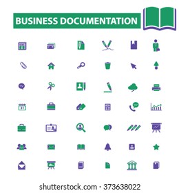 business documentation, office, website, library, knowledge, open book, presentation, internet, chart, resource, folder, management, contract, workplace, supplies icons, signs vector concept
