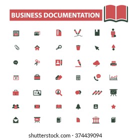 business documentation, office, website, library, knowledge, open book, presentation, internet, chart, resource, folder, management, contract, workplace, supplies icons, signs vector concept
