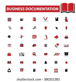 business documentation, office, website, library, knowledge, open book, presentation, internet, chart, resource, folder, management, contract, workplace, supplies icons, signs vector concept