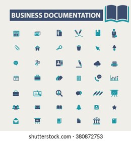 business documentation, office, website, library, knowledge, open book, presentation, internet, chart, resource, folder, management, contract, workplace, supplies icons, signs vector concept