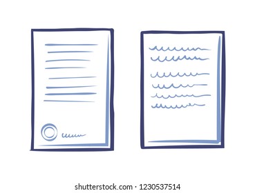 Business documentation template, web appliance letter sample, line art sketches. Signed contract with text, stamp and signature vector icon isolated.