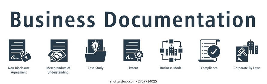 Geschäftsdokumentation Web-Banner Symbol Vektorgrafik-Konzept mit Symbol der Geheimhaltungsvereinbarung, Memorandum of Understanding, Fallstudie, Patent, Geschäftsmodell und Compliance.