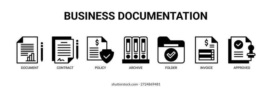 Business Documentation web banner ícone vetor ilustração conceito para negócios com ícone de documento, contrato, política, arquivo, pasta, fatura e aprovado.