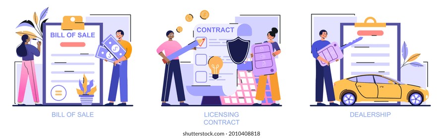 Business documents abstract concept. Bill of sale, licensing contract, dealership. Men and women read and sign legal documents. Cartoon flat vector illustration set isolated on a white background