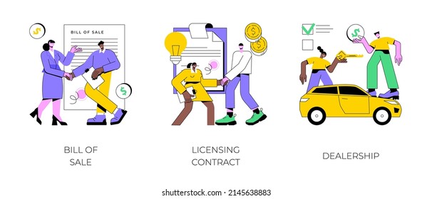 Business documents abstract concept vector illustration set. Bill of sale, licensing contract, dealership, intellectual property agreement, authorized dealer, electronic signature abstract metaphor.