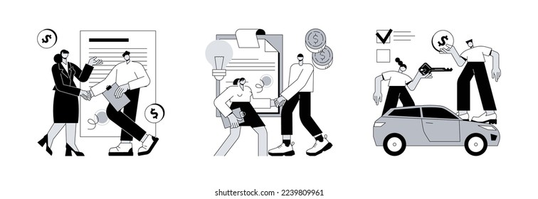 Business documents abstract concept vector illustration set. Bill of sale, licensing contract, dealership, intellectual property agreement, authorized dealer, electronic signature abstract metaphor.