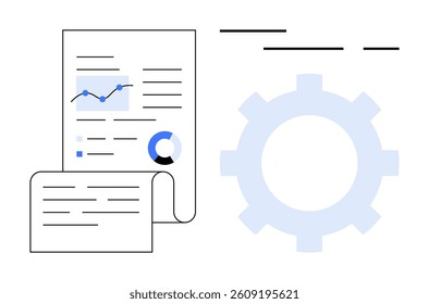 Business documents with charts and graphs next to a large gear symbol. Ideal for business strategy, data analysis, project planning, optimization, financial reports, process management, and workflow