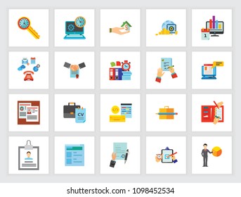 Business documents concept. Flat icon set. Contract, cv, report, message, resume. Can be used for topics like recruitment, partnership, management