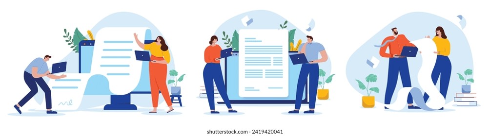 Business documents and contracts collection - Set of vector illustration with people reading and writing long text files together as a team. Flat design with white background