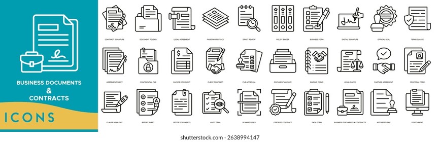 Business Documents and Contracts icon set. Contract Signature, Document Folder, Legal Agreement, Paperwork Stack, Draft Review, Policy Binder, Business Form and Digital Signature