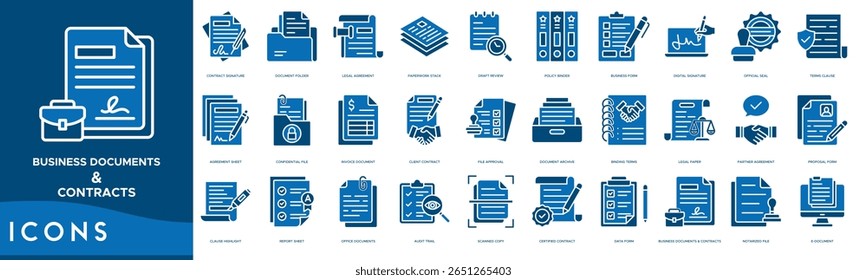 Conjunto de ícones Documentos Comerciais e Contratos. Assinatura de Contrato, Pasta de Documentos, Contrato Legal, Pilha de Trabalhos em Papel, Revisão de Rascunho, Binder de Política, Formulário Comercial e Assinatura Digital