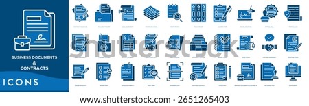 Business Documents and Contracts icon set. Contract Signature, Document Folder, Legal Agreement, Paperwork Stack, Draft Review, Policy Binder, Business Form and Digital Signature