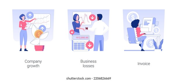 Business documents isolated concept vector illustration set. Company growth, business losses, fills out the invoice, professional accountant services, corporate paperwork vector cartoon.