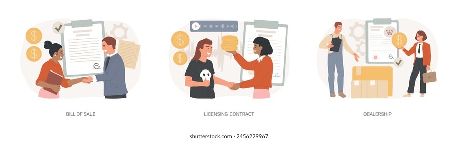 Conjunto de Ilustración vectorial de concepto aislado de documentos comerciales. Conocimiento de venta, contrato de obtención de licencias, concesionario, Acuerdo de Propiedad intelectual, distribuidor autorizado, concepto de Vector de firma electrónica.