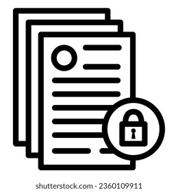 Documentos comerciales con icono de línea de bloqueo, concepto de contabilidad en negro, acceso limitado a documentos firmar en fondo blanco, icono de archivo confidencial bloqueado en estilo de esquema. Gráficos vectoriales