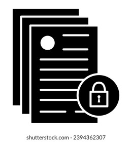 Business documents with lock solid icon, Black bookkeeping concept, Limited access to documents sign on white background, Locked confidential file icon in glyph style. Vector graphics