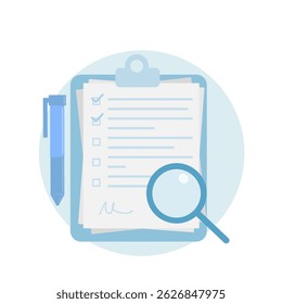 Business documents and magnifying glass. concept of document analysis and review.