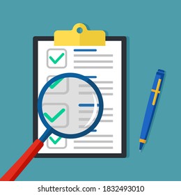 Business documents and magnifying glass. Business document analysis and review vector
