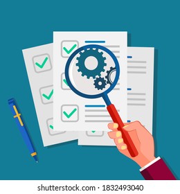 Documentos de negocios y lupa. Análisis de documentos empresariales y vector de revisión