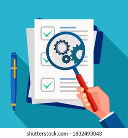 Business documents and magnifying glass. Business document analysis and review vector