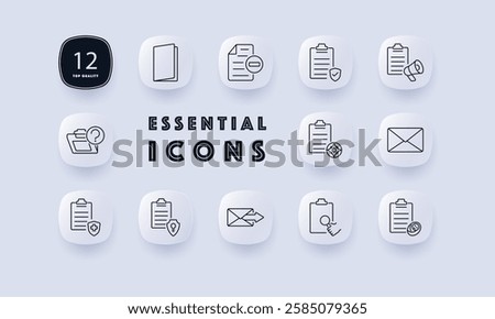 Business documents set icon. Folder, clipboard, checklist, announcement, email, report, verification, approval, task management, official paperwork, organization, workflow, business process