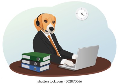 Business dog is working with a laptop in the office. Using a headset to talk with clients.