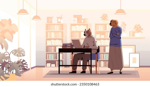 business dogs working in office animals in formal wear discussing during meeting modern cabinet interior horizontal