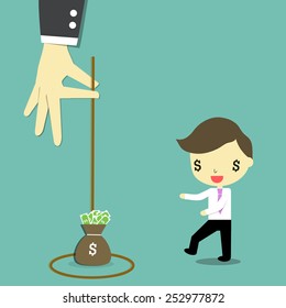 business with dollar eye walking to sack of money that bighand waiting for catch the man.