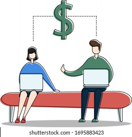 Business dollar vector concept with business couple typing on their own laptops below the dollar sign icon, isolated in white background