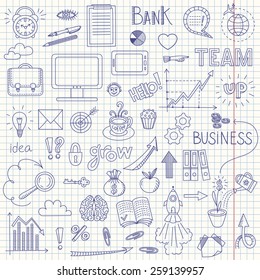 Business doodle background with graph, arrows, cloud, text and other design elements on white