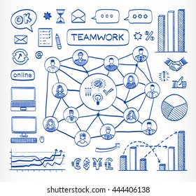 Concepto de doodle comercial. Iconos de esbozo dibujados a mano por vectores. Trabajo en equipo. Conectando personas.